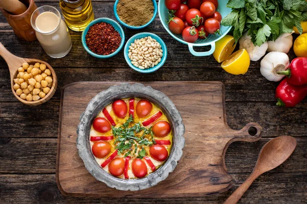 Hummus Comida Oriente Medio Sobre Mesa Con Vista Superior Fotos — Foto de Stock