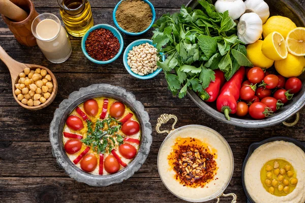 Hummus Φαγητό Μέσης Ανατολής Στο Τραπέζι Κορυφαία Θέα Φωτογραφίες Από — Φωτογραφία Αρχείου