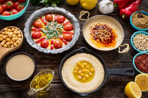 Hummus Comida Oriente Medio Sobre Mesa Con Vista Superior Fotos — Foto de Stock