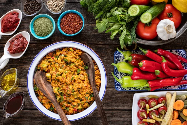 Ksr Salat Vegano Tradicional Preparado Partir Trigo Bulgur Tomate Perejil — Foto de Stock
