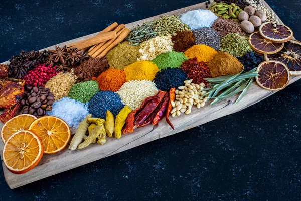 Many Colorful Spices Herbs Dried Fruits Wooden Rustic Table Spices — Stock Photo, Image