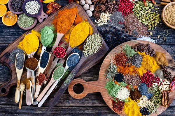 Many Colorful Spices Herbs Dried Fruits Wooden Rustic Table Spices — Stock Photo, Image