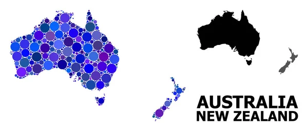 Blauer runder Punkt Mosaikkarte von Australien und Neuseeland — Stockvektor