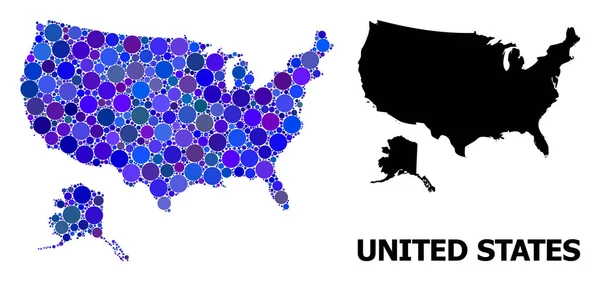 Blue Round Dot Mosaic Mapa de Estados Unidos y Alaska — Vector de stock
