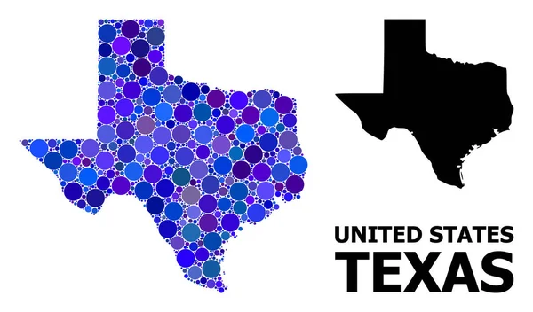 Blauer Kreis Mosaik Karte von Texas Staat — Stockvektor