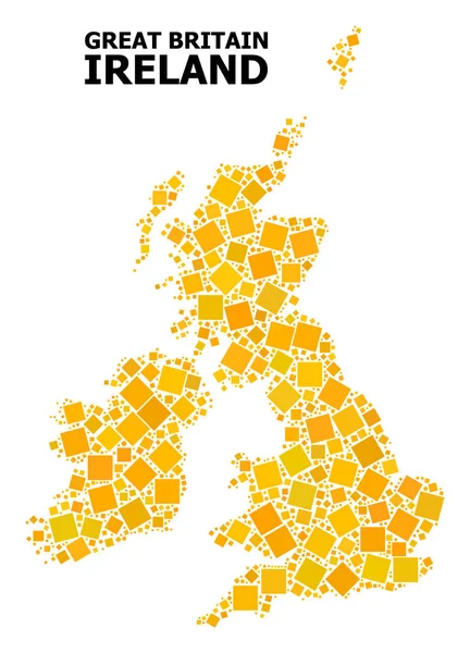 Guld roterad fyrkantig mosaik karta över Storbritannien och Irland — Stock vektor