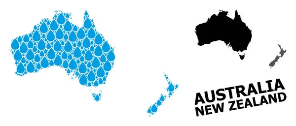 Vector Mosaic Χάρτης Αυστραλίας και Νέας Ζηλανδίας για Σταγόνες Νερού και Στερεό Χάρτη — Διανυσματικό Αρχείο