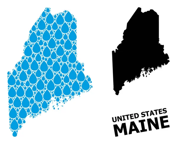 Mapa de Colagem de Vetores do Maine Estado de Gotas de Água e Mapa Sólido —  Vetores de Stock