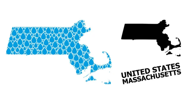 Mapa de mosaico vectorial del estado de Massachusetts de rocíos de agua y mapa sólido — Vector de stock