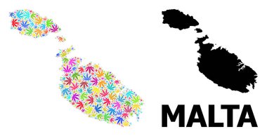 Renkli Ot Yaprakları ve Katı Harita Malta Vektörü Mozaik Haritası