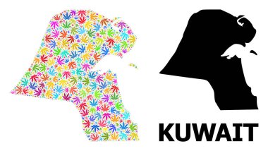 Renkli Esrar Yaprakları ve Katı Haritası Kuveyt 'in Vektör Mozaik Haritası