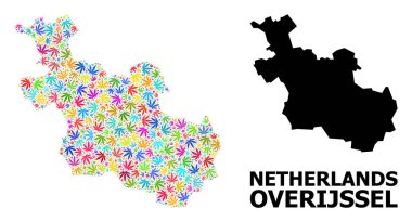 Renkli Overijssel Eyaletinin Vektör Mozaik Haritası ve Katı Harita Yaprakları