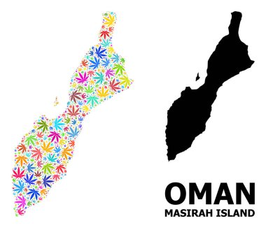 Renkli Kenevir Yaprakları ve Sağlam Harita Masirah Adası Vektör Kolajı Haritası