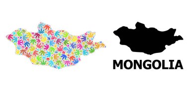 Parlak Marihuana Yaprakları ve Katı Harita Moğolistan Vektör Mozaik Haritası