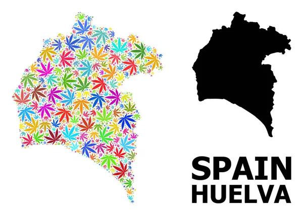 Vector Collage Map of Huelva Province of Psychedelic Hemp Leaves and Solid Map — 스톡 벡터