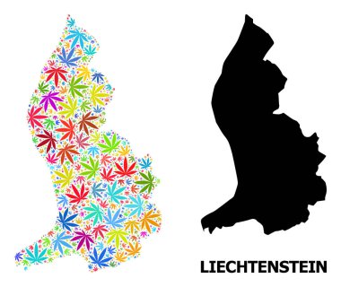 Psikedelik Kenevir Yaprakları Liechtenstein Vektör Kolajı Haritası ve Katı Harita