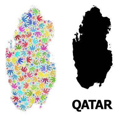 Psikedelik Marihuana Yaprakları Katar Vektör Kolajı Haritası ve Katı Harita