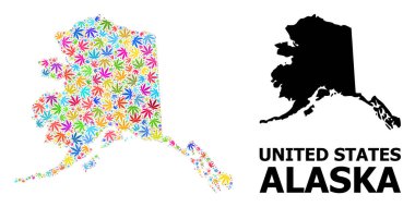 Alaska Eyaletinin Vektör Kolajı Psikedelik Kenevir Yaprakları ve Katı Haritası