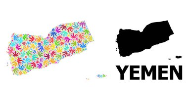 Psikedelik Ot Yemen 'in Vektör Kolajı Yaprakları ve Katı Harita