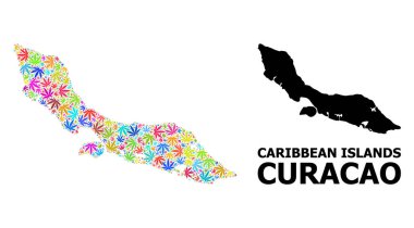 Renkli Ot Yaprakları ve Solid Haritası Curacao Adası Vektör Kolajı Haritası