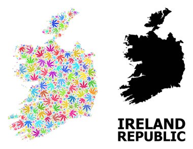 İrlanda 'nın Vektör Kolajı Parlak Kenevir Yaprakları Cumhuriyeti Haritası ve Katı Harita