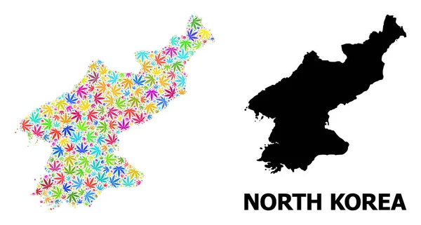 Mapa de Colagem de Vetores da Coreia do Norte de folhas de ervas daninhas coloridas e Mapa Sólido — Vetor de Stock