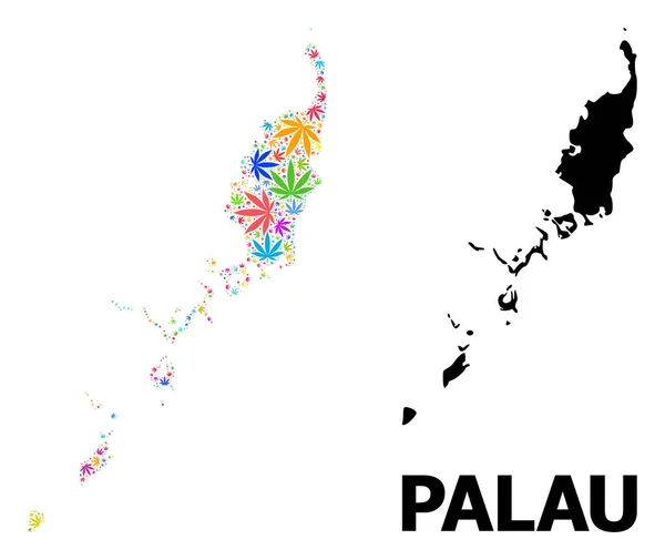 Vector Mozaïek Kaart van Palau Eilanden met kleurrijke Cannabisbladeren en Solid Map — Stockvector