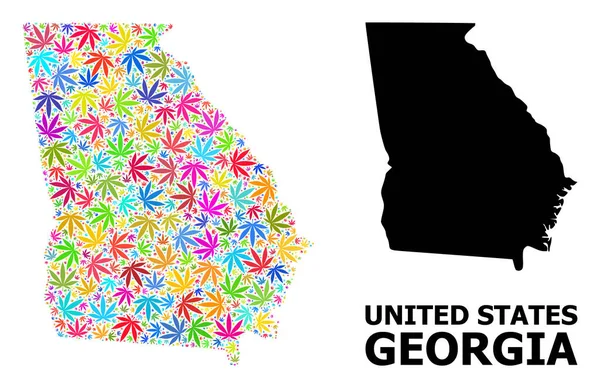 Vector Collage Map of Georgia State of Colful Hemp Leaves and Solid Map — 스톡 벡터