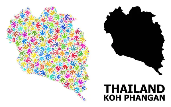 A pszichedelikus marihuána levelek és szilárd térkép Koh Phangan kollázs térképe — Stock Vector