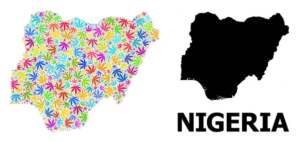 Vector Mosaic Map of Nigeria of Colored Marijuana Leaves and Solid Map — 스톡 벡터