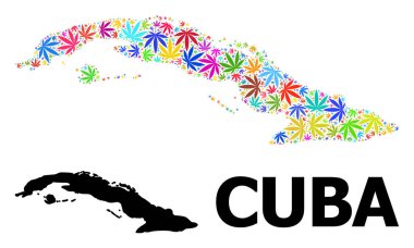 Psikedelik Ot Yaprakları Küba 'nın Vektör Kolajı Haritası ve Katı Harita