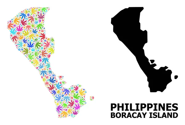 Vector Collage Map of Boracay Island of Colorful Weed Leaves and Solid Map — Stock Vector