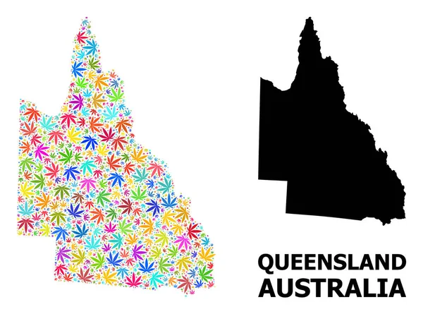 Vektorová mozaika Mapa australské Queensland of Bright Hemp Leaves a plná mapa — Stockový vektor