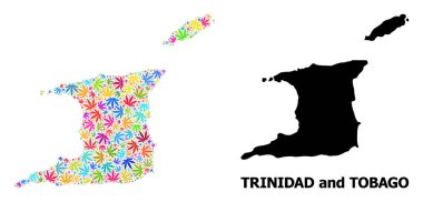 Trinidad 'ın Vektör Kolajı ve Psikedelik Ot Yaprakları ve Katı Haritası