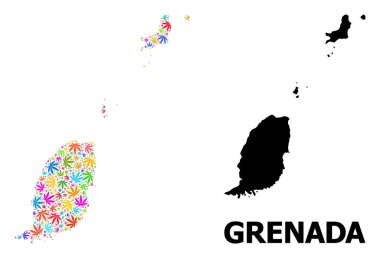 Renkli kenevir yaprakları ve Katı Harita Grenada Adalarının Vektör Mozaik Haritası