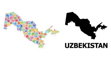 Renkli Marihuana Yaprakları ve Solid Haritası Özbekistan Vektör Kolajı Haritası