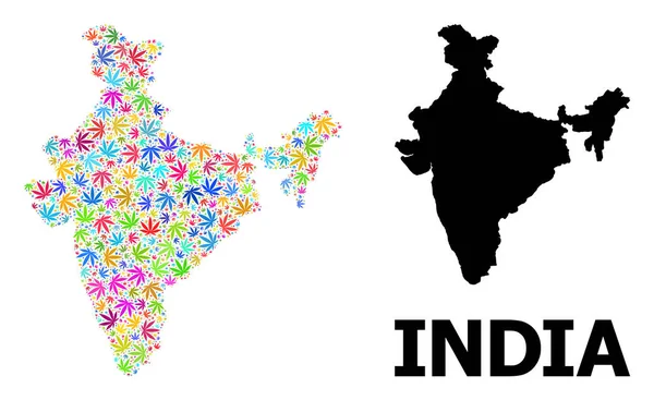 Wektorowa mapa kolażu Indii kolorowych liści konopi i stałej mapy — Wektor stockowy