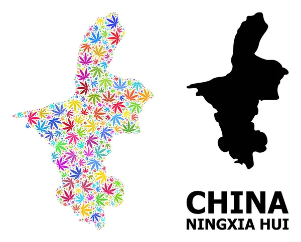 Vector Collage Mapa de Ningxia Hui Región de hojas de marihuana coloreadas y mapa sólido — Vector de stock