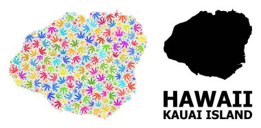 Psikedelik Kenevir Yaprakları ve Kauai Adası 'nın Vektör Mozaik Haritası