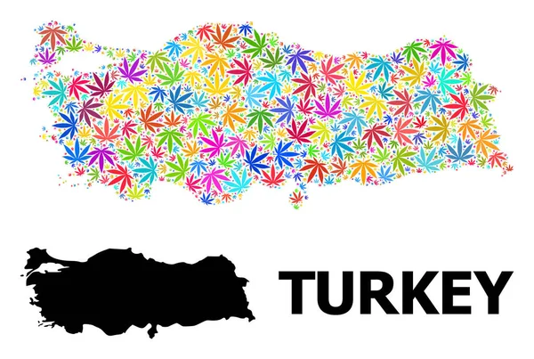 Vektorcollage-Karte der Türkei mit hellen Cannabisblättern und solider Landkarte — Stockvektor