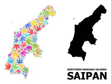 Saipan Adasının Renkli Ot Yaprakları ve Katı Haritası Vektör Mozaik Haritası