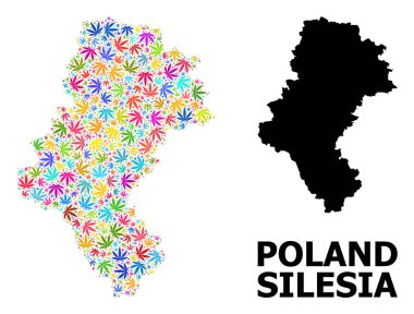 Silezya 'nın Parlak Kenevir Bölgesi Vektör Kolajı Yaprakları ve Katı Haritası