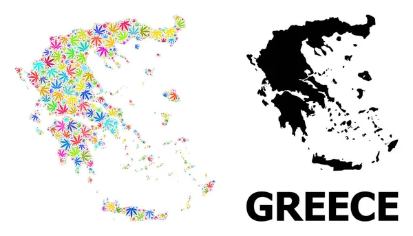 Vector Collage Map of Greece of Psychedelic Weed Leaves and Solid Map — Stock Vector