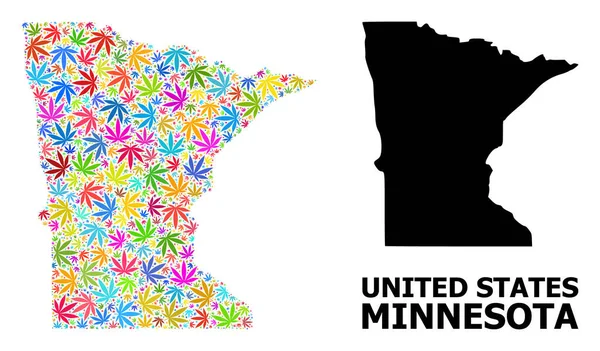 Mappa del collage vettoriale del Minnesota Stato di foglie di canapa colorate e mappa solida — Vettoriale Stock