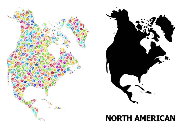 Vector Collage Map of North America of Colored Weed Leaves and Solid Map — 스톡 벡터