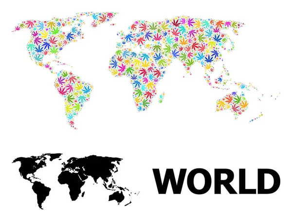 Vector Collage Map of World of Colored Weed Leaves and Solid Map — 스톡 벡터