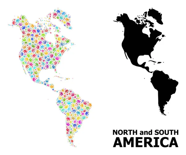 Wektor Collage Mapa Ameryki Południowej i Północnej z kolorowymi liśćmi marihuany i solidną mapą — Wektor stockowy