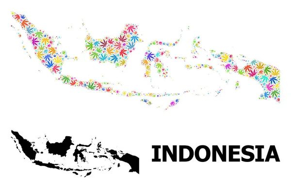 Peta Vektor Mosaik Indonesia tentang Daun Cannabis Terang dan Peta Padat - Stok Vektor