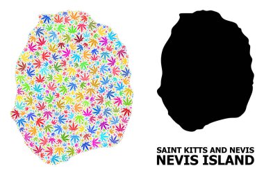 Nevis Adası 'nın Vektör Mozaik Haritası Psikedelik Marihuana Yaprakları ve Katı Harita