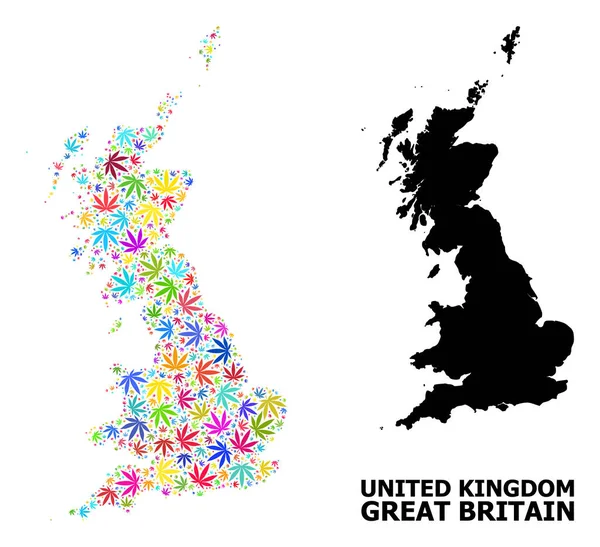 色彩艳丽的大麻叶的英国矢量拼接图和固体图 — 图库矢量图片
